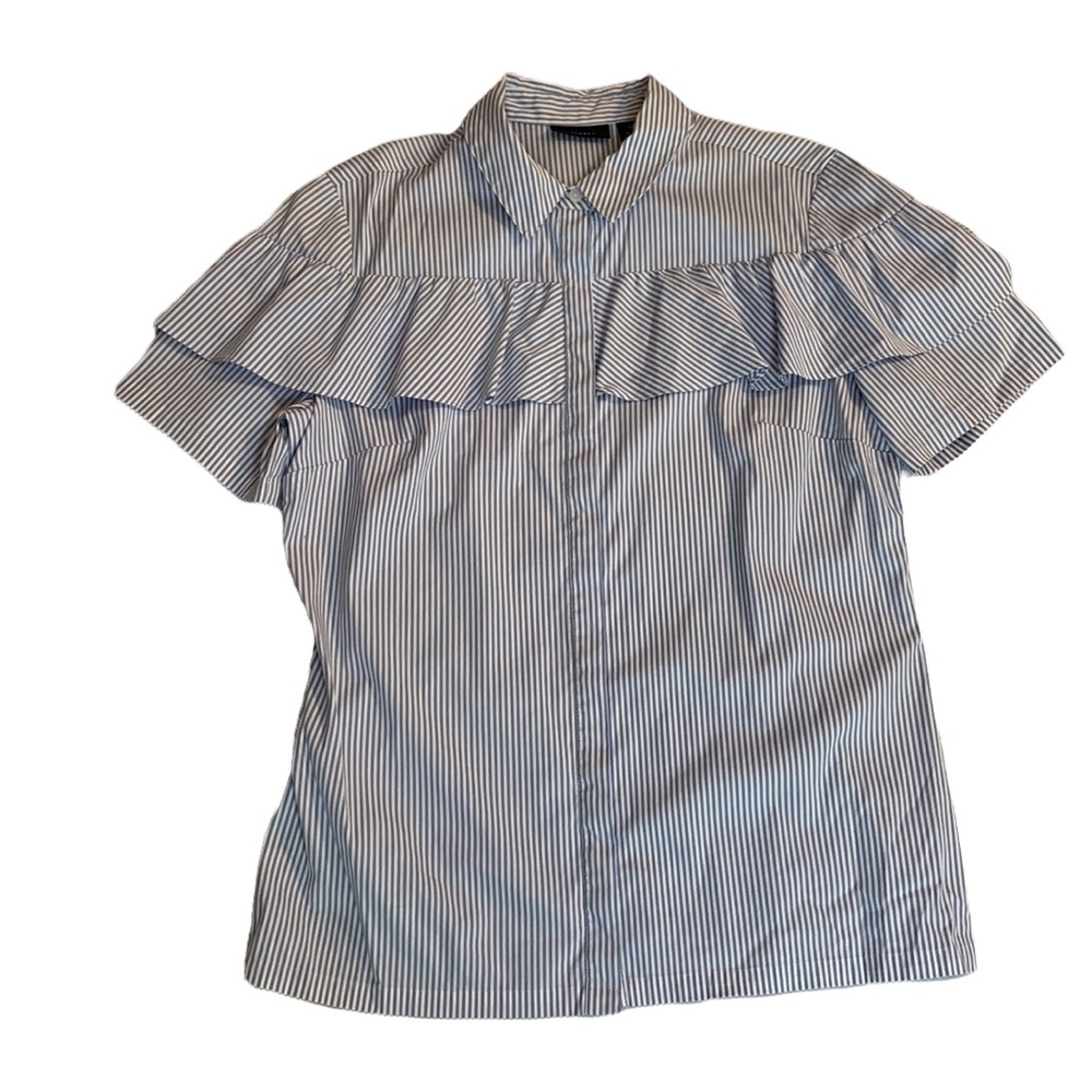 Halogen Striped Hidden Button Up Ruffle Top Size Medium - Picture 6 of 8
